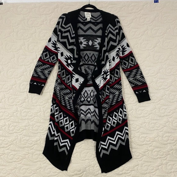 SWS Duster Cardigan Aztec Pattern Waterfall Front Size Large Knit Sweater - Picture 1 of 7